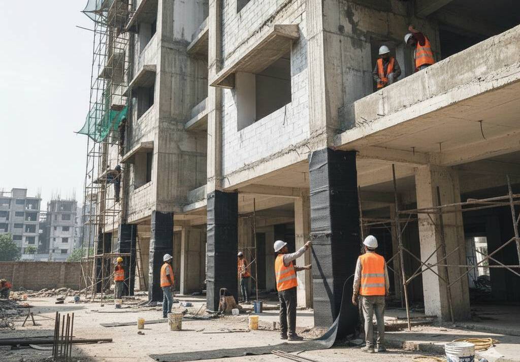 Building repair work improving structural strength and durability of concrete structure