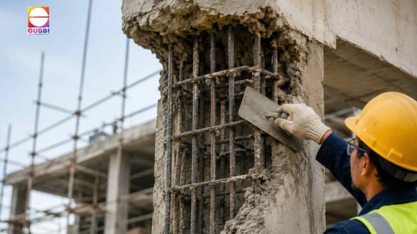 Building Repairs for damaged RCC structures showing concrete restoration and structural strengthening work by construction workers