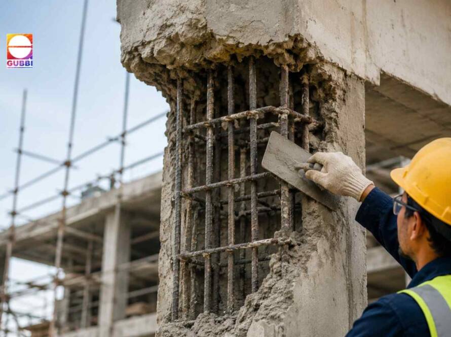 Building Repairs for damaged RCC structures showing concrete restoration and structural strengthening work by construction workers