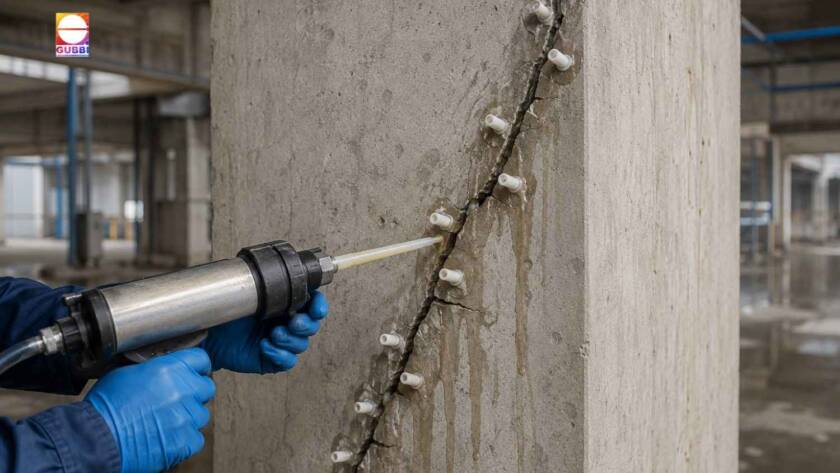 Engineers performing epoxy injection grouting to repair structural cracks in an RCC commercial building as part of a building rehabilitation project.