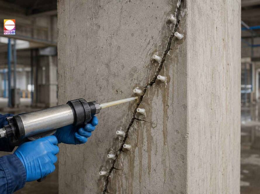 Engineers performing epoxy injection grouting to repair structural cracks in an RCC commercial building as part of a building rehabilitation project.