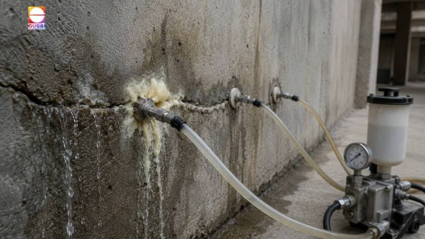 Building rehabilitation using PU injection grouting to stop active water leakage through RCC concrete wall cracks in an existing structure.