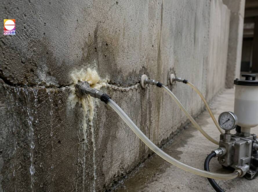 Building rehabilitation using PU injection grouting to stop active water leakage through RCC concrete wall cracks in an existing structure.